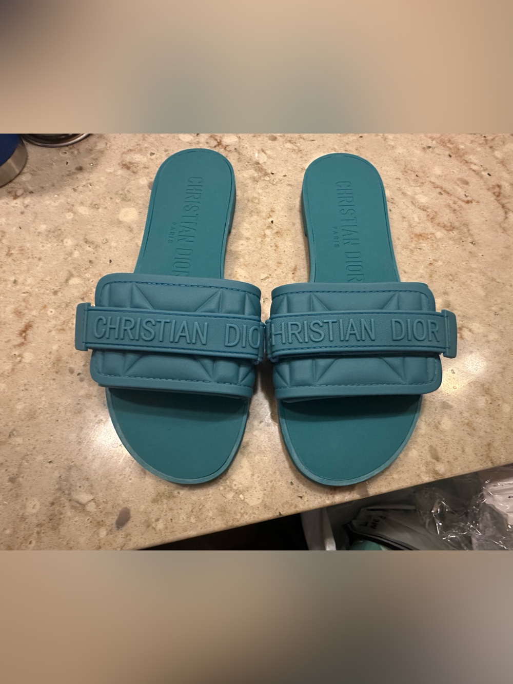 Christian Dior Teal Padded Logo Slide Sandals